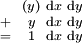 \begin{smallmatrix}   & & (y) & \operatorname{d}x & \operatorname{d}y \\ + & &  y  & \operatorname{d}x & \operatorname{d}y \\ = & &  1  & \operatorname{d}x & \operatorname{d}y \\ \end{smallmatrix}