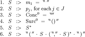 \begin{array}{rcll}
1.
& S
& :>
& m_1 \ = \ ^{\backprime\backprime} \operatorname{~} ^{\prime\prime}
\\
2.
& S
& :>
& p_j, \, \text{for each} \, j \in J
\\
3.
& S
& :>
& \operatorname{Conc}^0 \ = \ ^{\backprime\backprime\prime\prime}
\\
4.
& S
& :>
& \operatorname{Surc}^0 \ = \ ^{\backprime\backprime} \, \operatorname{()} \, ^{\prime\prime}
\\
5.
& S
& :>
& S^*
\\
6.
& S
& :>
& ^{\backprime\backprime} \, \operatorname{(} \, ^{\prime\prime} \, \cdot \, S \, \cdot \, ( \, ^{\backprime\backprime} \operatorname{,} ^{\prime\prime} \, \cdot \, S \, )^* \, \cdot \, ^{\backprime\backprime} \, \operatorname{)} \, ^{\prime\prime}
\\
\end{array}