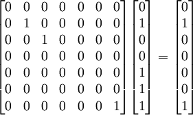 \begin{bmatrix} 0 & 0 & 0 & 0 & 0 & 0 & 0 \\ 0 & 1 & 0 & 0 & 0 & 0 & 0 \\ 0 & 0 & 1 & 0 & 0 & 0 & 0 \\ 0 & 0 & 0 & 0 & 0 & 0 & 0 \\ 0 & 0 & 0 & 0 & 0 & 0 & 0 \\ 0 & 0 & 0 & 0 & 0 & 0 & 0 \\ 0 & 0 & 0 & 0 & 0 & 0 & 1 \end{bmatrix} \begin{bmatrix} 0 \\ 1 \\ 0 \\ 0 \\ 1 \\ 1 \\ 1 \end{bmatrix} = \begin{bmatrix} 0 \\ 1 \\ 0 \\ 0 \\ 0 \\ 0 \\ 1 \end{bmatrix}
