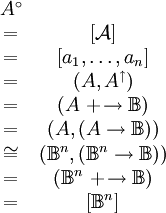 \begin{matrix} A^\circ                                               \\ = & [\mathcal{A}]                                     \\ = & [a_1, \ldots, a_n]                                \\ = & (A, A^\uparrow)                                   \\ = & (A\ +\!\to \mathbb{B})                            \\ = & (A, (A \to \mathbb{B}))                           \\ \cong & (\mathbb{B}^n, (\mathbb{B}^n \to \mathbb{B})) \\ = & (\mathbb{B}^n\ +\!\to \mathbb{B})                 \\ = & [\mathbb{B}^n]                                    \\ \end{matrix}