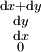 \begin{smallmatrix} \operatorname{d}x + \operatorname{d}y \\ \operatorname{d}y \\ \operatorname{d}x \\ 0 \\ \end{smallmatrix}