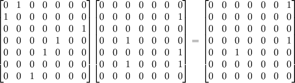 \begin{bmatrix} 0 & 1 & 0 & 0 & 0 & 0 & 0 \\ 1 & 0 & 0 & 0 & 0 & 0 & 0 \\ 0 & 0 & 0 & 0 & 0 & 0 & 1 \\ 0 & 0 & 0 & 0 & 1 & 0 & 0 \\ 0 & 0 & 0 & 1 & 0 & 0 & 0 \\ 0 & 0 & 0 & 0 & 0 & 0 & 0 \\ 0 & 0 & 1 & 0 & 0 & 0 & 0 \end{bmatrix} \begin{bmatrix} 0 & 0 & 0 & 0 & 0 & 0 & 0 \\ 0 & 0 & 0 & 0 & 0 & 0 & 1 \\ 0 & 0 & 0 & 0 & 0 & 0 & 0 \\ 0 & 0 & 1 & 0 & 0 & 0 & 0 \\ 0 & 0 & 0 & 0 & 0 & 0 & 1 \\ 0 & 0 & 1 & 0 & 0 & 0 & 1 \\ 0 & 0 & 0 & 0 & 0 & 0 & 0 \end{bmatrix} = \begin{bmatrix} 0 & 0 & 0 & 0 & 0 & 0 & 1 \\ 0 & 0 & 0 & 0 & 0 & 0 & 0 \\ 0 & 0 & 0 & 0 & 0 & 0 & 0 \\ 0 & 0 & 0 & 0 & 0 & 0 & 1 \\ 0 & 0 & 1 & 0 & 0 & 0 & 0 \\ 0 & 0 & 0 & 0 & 0 & 0 & 0 \\ 0 & 0 & 0 & 0 & 0 & 0 & 0 \end{bmatrix}