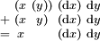 \begin{smallmatrix}   & (x  & (y)) & (\operatorname{d}x) & \operatorname{d}y \\ + & (x  &  y)  & (\operatorname{d}x) & \operatorname{d}y \\ = &  x  &      & (\operatorname{d}x) & \operatorname{d}y \\ \end{smallmatrix}
