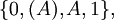 \{ 0, (A), A, 1 \},\!