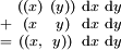 \begin{smallmatrix}   & ((x) & (y)) & \operatorname{d}x & \operatorname{d}y \\ + &  (x  &  y)  & \operatorname{d}x & \operatorname{d}y \\ = & ((x, &  y)) & \operatorname{d}x & \operatorname{d}y \\ \end{smallmatrix}
