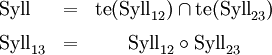 \begin{array}{lcc}
\operatorname{Syll}
& = &
\operatorname{te}(\operatorname{Syll}_{12})
\cap
\operatorname{te}(\operatorname{Syll}_{23})
\\[6pt]
\operatorname{Syll}_{13}
& = &
\operatorname{Syll}_{12}
\circ
\operatorname{Syll}_{23}
\end{array}