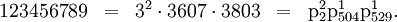 \begin{matrix} 123456789 & = & 3^2 \cdot 3607 \cdot 3803 & = & \text{p}_2^2 \text{p}_{504}^1 \text{p}_{529}^1. \end{matrix}
