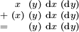 \begin{smallmatrix}   &  x  & (y) & \operatorname{d}x & (\operatorname{d}y) \\ + & (x) & (y) & \operatorname{d}x & (\operatorname{d}y) \\ = &     & (y) & \operatorname{d}x & (\operatorname{d}y) \\ \end{smallmatrix}
