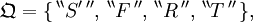 \mathfrak{Q} = \{ \, ^{\backprime\backprime} S' \, ^{\prime\prime}, \, ^{\backprime\backprime} F \, ^{\prime\prime}, \, ^{\backprime\backprime} R \, ^{\prime\prime}, \, ^{\backprime\backprime} T \, ^{\prime\prime} \, \},