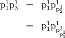 \begin{array}{lll} \text{p}_1^1 \text{p}_3^1 & = & \text{p}_1^1 \text{p}_{\text{p}_2^1}^1 \\[12pt] & = & \text{p}_1^1 \text{p}_{\text{p}_{\text{p}_1^1}^1}^1 \end{array}