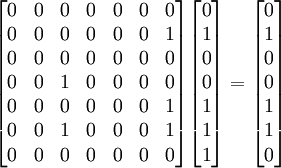 \begin{bmatrix} 0 & 0 & 0 & 0 & 0 & 0 & 0 \\ 0 & 0 & 0 & 0 & 0 & 0 & 1 \\ 0 & 0 & 0 & 0 & 0 & 0 & 0 \\ 0 & 0 & 1 & 0 & 0 & 0 & 0 \\ 0 & 0 & 0 & 0 & 0 & 0 & 1 \\ 0 & 0 & 1 & 0 & 0 & 0 & 1 \\ 0 & 0 & 0 & 0 & 0 & 0 & 0 \end{bmatrix} \begin{bmatrix} 0 \\ 1 \\ 0 \\ 0 \\ 1 \\ 1 \\ 1 \end{bmatrix} = \begin{bmatrix} 0 \\ 1 \\ 0 \\ 0 \\ 1 \\ 1 \\ 0 \end{bmatrix}