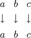 \begin{matrix} a & b & c \\[3pt] \downarrow & \downarrow & \downarrow \\[6pt] a & b & c \end{matrix}