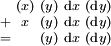 \begin{smallmatrix}   & (x) & (y) & \operatorname{d}x & (\operatorname{d}y) \\ + &  x  & (y) & \operatorname{d}x & (\operatorname{d}y) \\ = &     & (y) & \operatorname{d}x & (\operatorname{d}y) \\ \end{smallmatrix}