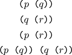 \begin{matrix}
\texttt{(} p \texttt{~(} q \texttt{))}
\\[4pt]
\texttt{(} q \texttt{~(} r \texttt{))}
\\[4pt]
\texttt{(} p \texttt{~(} r \texttt{))}
\\[4pt]
\texttt{(} p \texttt{~(} q \texttt{))~(} q \texttt{~(} r \texttt{))}
\end{matrix}
