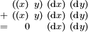 \begin{smallmatrix}   & ((x)\ y) & (\operatorname{d}x) & (\operatorname{d}y) \\ + & ((x)\ y) & (\operatorname{d}x) & (\operatorname{d}y) \\ = &     0    & (\operatorname{d}x) & (\operatorname{d}y) \\ \end{smallmatrix}