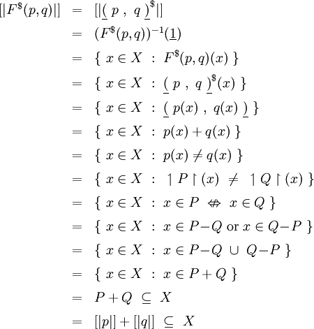 \begin{array}{lll}
[| F^\$ (p, q) |]
& = & [| \underline{(}~p~,~q~\underline{)}^\$ |]
\\[6pt]
& = & (F^\$ (p, q))^{-1} (\underline{1})
\\[6pt]
& = & \{~ x \in X ~:~ F^\$ (p, q)(x) ~\}
\\[6pt]
& = & \{~ x \in X ~:~ \underline{(}~p~,~q~\underline{)}^\$ (x) ~\}
\\[6pt]
& = & \{~ x \in X ~:~ \underline{(}~p(x)~,~q(x)~\underline{)} ~\}
\\[6pt]
& = & \{~ x \in X ~:~ p(x) + q(x) ~\}
\\[6pt]
& = & \{~ x \in X ~:~ p(x) \neq q(x) ~\}
\\[6pt]
& = & \{~ x \in X ~:~ \upharpoonleft P \upharpoonright (x) ~\neq~ \upharpoonleft Q \upharpoonright (x) ~\}
\\[6pt]
& = & \{~ x \in X ~:~ x \in P ~\nLeftrightarrow~ x \in Q ~\}
\\[6pt]
& = & \{~ x \in X ~:~ x \in P\!-\!Q ~\operatorname{or}~ x \in Q\!-\!P ~\}
\\[6pt]
& = & \{~ x \in X ~:~ x \in P\!-\!Q ~\cup~ Q\!-\!P ~\}
\\[6pt]
& = & \{~ x \in X ~:~ x \in P + Q ~\}
\\[6pt]
& = & P + Q ~\subseteq~ X
\\[6pt]
& = & [|p|] + [|q|] ~\subseteq~ X
\end{array}