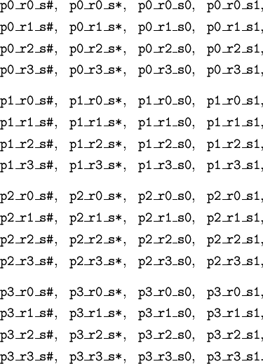 \begin{matrix} \texttt{p0\_r0\_s\#}, & \texttt{p0\_r0\_s*}, & \texttt{p0\_r0\_s0}, & \texttt{p0\_r0\_s1}, \\[4pt] \texttt{p0\_r1\_s\#}, & \texttt{p0\_r1\_s*}, & \texttt{p0\_r1\_s0}, & \texttt{p0\_r1\_s1}, \\[4pt] \texttt{p0\_r2\_s\#}, & \texttt{p0\_r2\_s*}, & \texttt{p0\_r2\_s0}, & \texttt{p0\_r2\_s1}, \\[4pt] \texttt{p0\_r3\_s\#}, & \texttt{p0\_r3\_s*}, & \texttt{p0\_r3\_s0}, & \texttt{p0\_r3\_s1}, \\[12pt] \texttt{p1\_r0\_s\#}, & \texttt{p1\_r0\_s*}, & \texttt{p1\_r0\_s0}, & \texttt{p1\_r0\_s1}, \\[4pt] \texttt{p1\_r1\_s\#}, & \texttt{p1\_r1\_s*}, & \texttt{p1\_r1\_s0}, & \texttt{p1\_r1\_s1}, \\[4pt] \texttt{p1\_r2\_s\#}, & \texttt{p1\_r2\_s*}, & \texttt{p1\_r2\_s0}, & \texttt{p1\_r2\_s1}, \\[4pt] \texttt{p1\_r3\_s\#}, & \texttt{p1\_r3\_s*}, & \texttt{p1\_r3\_s0}, & \texttt{p1\_r3\_s1}, \\[12pt] \texttt{p2\_r0\_s\#}, & \texttt{p2\_r0\_s*}, & \texttt{p2\_r0\_s0}, & \texttt{p2\_r0\_s1}, \\[4pt] \texttt{p2\_r1\_s\#}, & \texttt{p2\_r1\_s*}, & \texttt{p2\_r1\_s0}, & \texttt{p2\_r1\_s1}, \\[4pt] \texttt{p2\_r2\_s\#}, & \texttt{p2\_r2\_s*}, & \texttt{p2\_r2\_s0}, & \texttt{p2\_r2\_s1}, \\[4pt] \texttt{p2\_r3\_s\#}, & \texttt{p2\_r3\_s*}, & \texttt{p2\_r3\_s0}, & \texttt{p2\_r3\_s1}, \\[12pt] \texttt{p3\_r0\_s\#}, & \texttt{p3\_r0\_s*}, & \texttt{p3\_r0\_s0}, & \texttt{p3\_r0\_s1}, \\[4pt] \texttt{p3\_r1\_s\#}, & \texttt{p3\_r1\_s*}, & \texttt{p3\_r1\_s0}, & \texttt{p3\_r1\_s1}, \\[4pt] \texttt{p3\_r2\_s\#}, & \texttt{p3\_r2\_s*}, & \texttt{p3\_r2\_s0}, & \texttt{p3\_r2\_s1}, \\[4pt] \texttt{p3\_r3\_s\#}, & \texttt{p3\_r3\_s*}, & \texttt{p3\_r3\_s0}, & \texttt{p3\_r3\_s1}. \end{matrix}
