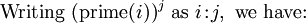 \text{Writing}~ (\operatorname{prime}(i))^j ~\text{as}~ i\!:\!j, ~\text{we have:}