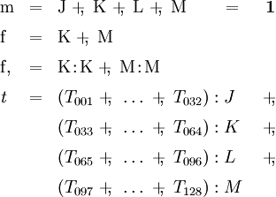 \begin{array}{lllr} \mathrm{m} & = & \mathrm{J} ~+\!\!,~ \mathrm{K} ~+\!\!,~ \mathrm{L} ~+\!\!,~ \mathrm{M} \qquad = & \mathbf{1} \\[6pt] \mathrm{f} & = & \mathrm{K} ~+\!\!,~ \mathrm{M} \\[6pt] \mathrm{f,} & = & \mathrm{K}\!:\!\mathrm{K} ~+\!\!,~ \mathrm{M}\!:\!\mathrm{M} \\[6pt] \mathit{t} & = & (T_{001} ~+\!\!,~ \dots ~+\!\!,~ T_{032}):J & ~+\!\!, \\[6pt] &   & (T_{033} ~+\!\!,~ \dots ~+\!\!,~ T_{064}):K & ~+\!\!, \\[6pt] &   & (T_{065} ~+\!\!,~ \dots ~+\!\!,~ T_{096}):L & ~+\!\!, \\[6pt] &   & (T_{097} ~+\!\!,~ \dots ~+\!\!,~ T_{128}):M \end{array}