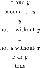 \begin{matrix} x ~\text{and}~ y \\[4pt] x ~\text{equal to}~ y \\[4pt] y \\[4pt] \text{not}~ x ~\text{without}~ y \\[4pt] x \\[4pt] \text{not}~ y ~\text{without}~ x \\[4pt] x ~\text{or}~ y \\[4pt] \text{true} \end{matrix}