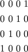 \begin{matrix} 0~0~0~1 \\[4pt] 0~0~1~0 \\[4pt] 0~1~0~0 \\[4pt] 1~0~0~0 \end{matrix}