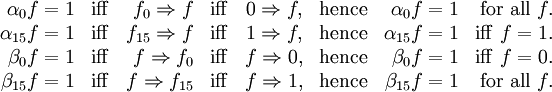 \begin{array}{*{8}{r}}
\alpha_{0} f = 1
& \operatorname{iff}
& f_{0} \Rightarrow f
& \operatorname{iff}
& 0 \Rightarrow f,
& \operatorname{hence}
& \alpha_{0} f = 1
& \operatorname{for~all} ~ f.
\\
\alpha_{15} f = 1
& \operatorname{iff}
& f_{15} \Rightarrow f
& \operatorname{iff}
& 1 \Rightarrow f,
& \operatorname{hence}
& \alpha_{15} f = 1
& \operatorname{iff} ~ f = 1.
\\
\beta_{0} f = 1
& \operatorname{iff}
& f \Rightarrow f_{0}
& \operatorname{iff}
& f \Rightarrow 0,
& \operatorname{hence}
& \beta_{0} f = 1
& \operatorname{iff} ~ f = 0.
\\
\beta_{15} f = 1
& \operatorname{iff}
& f \Rightarrow f_{15}
& \operatorname{iff}
& f \Rightarrow 1,
& \operatorname{hence}
& \beta_{15} f = 1
& \operatorname{for~all} ~ f.
\end{array}
