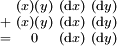 \begin{smallmatrix}   & (x) (y) & (\operatorname{d}x) & (\operatorname{d}y) \\ + & (x) (y) & (\operatorname{d}x) & (\operatorname{d}y) \\ = &    0    & (\operatorname{d}x) & (\operatorname{d}y) \\ \end{smallmatrix}