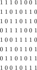 \begin{matrix}
1~1~1~0~1~0~0~1
\\[4pt]
1~1~0~1~0~1~1~0
\\[4pt]
1~0~1~1~0~1~1~0
\\[4pt]
0~1~1~1~1~0~0~1
\\[4pt]
1~0~0~1~1~1~1~0
\\[4pt]
0~1~1~0~1~1~0~1
\\[4pt]
0~1~1~0~1~0~1~1
\\[4pt]
1~0~0~1~0~1~1~1
\end{matrix}