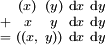 \begin{smallmatrix}   &  (x) & (y)  & \operatorname{d}x & \operatorname{d}y \\ + &   x  &  y   & \operatorname{d}x & \operatorname{d}y \\ = & ((x, &  y)) & \operatorname{d}x & \operatorname{d}y \\ \end{smallmatrix}