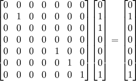 \begin{bmatrix} 0 & 0 & 0 & 0 & 0 & 0 & 0 \\ 0 & 1 & 0 & 0 & 0 & 0 & 0 \\ 0 & 0 & 0 & 0 & 0 & 0 & 0 \\ 0 & 0 & 0 & 0 & 0 & 0 & 0 \\ 0 & 0 & 0 & 0 & 1 & 0 & 0 \\ 0 & 0 & 0 & 0 & 0 & 1 & 0 \\ 0 & 0 & 0 & 0 & 0 & 0 & 1 \end{bmatrix} \begin{bmatrix} 0 \\ 1 \\ 1 \\ 0 \\ 0 \\ 0 \\ 1 \end{bmatrix} = \begin{bmatrix} 0 \\ 1 \\ 0 \\ 0 \\ 0 \\ 0 \\ 1 \end{bmatrix}