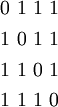 \begin{matrix} 0~1~1~1 \\[4pt] 1~0~1~1 \\[4pt] 1~1~0~1 \\[4pt] 1~1~1~0 \end{matrix}