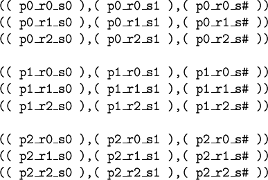 \begin{array}{l} \texttt{((~p0\_r0\_s0~),(~p0\_r0\_s1~),(~p0\_r0\_s\#~))} \\ \texttt{((~p0\_r1\_s0~),(~p0\_r1\_s1~),(~p0\_r1\_s\#~))} \\ \texttt{((~p0\_r2\_s0~),(~p0\_r2\_s1~),(~p0\_r2\_s\#~))} \\ \\ \texttt{((~p1\_r0\_s0~),(~p1\_r0\_s1~),(~p1\_r0\_s\#~))} \\ \texttt{((~p1\_r1\_s0~),(~p1\_r1\_s1~),(~p1\_r1\_s\#~))} \\ \texttt{((~p1\_r2\_s0~),(~p1\_r2\_s1~),(~p1\_r2\_s\#~))} \\ \\ \texttt{((~p2\_r0\_s0~),(~p2\_r0\_s1~),(~p2\_r0\_s\#~))} \\ \texttt{((~p2\_r1\_s0~),(~p2\_r1\_s1~),(~p2\_r1\_s\#~))} \\ \texttt{((~p2\_r2\_s0~),(~p2\_r2\_s1~),(~p2\_r2\_s\#~))} \end{array}