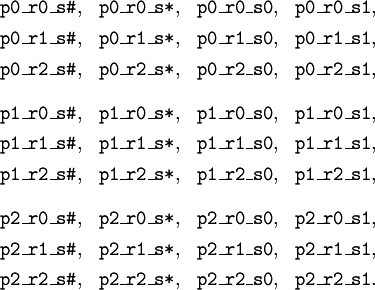 \begin{matrix} \texttt{p0\_r0\_s\#}, & \texttt{p0\_r0\_s*}, & \texttt{p0\_r0\_s0}, & \texttt{p0\_r0\_s1}, \\[4pt] \texttt{p0\_r1\_s\#}, & \texttt{p0\_r1\_s*}, & \texttt{p0\_r1\_s0}, & \texttt{p0\_r1\_s1}, \\[4pt] \texttt{p0\_r2\_s\#}, & \texttt{p0\_r2\_s*}, & \texttt{p0\_r2\_s0}, & \texttt{p0\_r2\_s1}, \\[12pt] \texttt{p1\_r0\_s\#}, & \texttt{p1\_r0\_s*}, & \texttt{p1\_r0\_s0}, & \texttt{p1\_r0\_s1}, \\[4pt] \texttt{p1\_r1\_s\#}, & \texttt{p1\_r1\_s*}, & \texttt{p1\_r1\_s0}, & \texttt{p1\_r1\_s1}, \\[4pt] \texttt{p1\_r2\_s\#}, & \texttt{p1\_r2\_s*}, & \texttt{p1\_r2\_s0}, & \texttt{p1\_r2\_s1}, \\[12pt] \texttt{p2\_r0\_s\#}, & \texttt{p2\_r0\_s*}, & \texttt{p2\_r0\_s0}, & \texttt{p2\_r0\_s1}, \\[4pt] \texttt{p2\_r1\_s\#}, & \texttt{p2\_r1\_s*}, & \texttt{p2\_r1\_s0}, & \texttt{p2\_r1\_s1}, \\[4pt] \texttt{p2\_r2\_s\#}, & \texttt{p2\_r2\_s*}, & \texttt{p2\_r2\_s0}, & \texttt{p2\_r2\_s1}. \end{matrix}