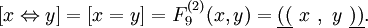 [x \Leftrightarrow y] = [x = y] = F_{9}^{(2)} (x, y) = \underline{((} ~x~,~y~ \underline{))}.