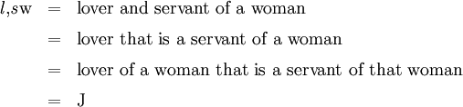 \begin{array}{lll} \mathit{l},\!\mathit{s}\mathrm{w} & = & \text{lover and servant of a woman} \\[6pt] & = & \text{lover that is a servant of a woman} \\[6pt] & = & \text{lover of a woman that is a servant of that woman} \\[6pt] & = & \mathrm{J} \end{array}