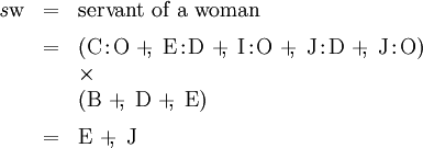 \begin{array}{lll} \mathit{s}\mathrm{w} & = & \text{servant of a woman} \\[6pt] & = & (\mathrm{C}\!:\!\mathrm{O} ~+\!\!,~ \mathrm{E}\!:\!\mathrm{D} ~+\!\!,~ \mathrm{I}\!:\!\mathrm{O} ~+\!\!,~ \mathrm{J}\!:\!\mathrm{D} ~+\!\!,~ \mathrm{J}\!:\!\mathrm{O}) \\ & & \times \\ & & (\mathrm{B} ~+\!\!,~ \mathrm{D} ~+\!\!,~ \mathrm{E}) \\[6pt] & = & \mathrm{E} ~+\!\!,~ \mathrm{J} \end{array}