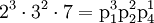 2^3 \cdot 3^2 \cdot 7 = \text{p}_1^3 \text{p}_2^2 \text{p}_4^1\!