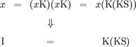 \begin{array}{ccccc}
x
& = &
(x\operatorname{K})(x\operatorname{K})
& = &
x(\operatorname{K}(\operatorname{K}\operatorname{S}))
\\[8pt]
& & \Downarrow
\\[8pt]
\operatorname{I}
& & = & &
\operatorname{K}(\operatorname{K}\operatorname{S})
\end{array}