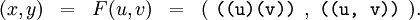 \begin{array}{lcccc} (x, y) & = & F(u, v) & = & ( ~\texttt{((u)(v))}~ , ~\texttt{((u,~v))}~ ). \end{array}