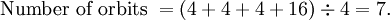 \text{Number of orbits}~ = (4 + 4 + 4 + 16) \div 4 = 7.