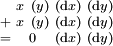 \begin{smallmatrix}   &  x\ (y) & (\operatorname{d}x) & (\operatorname{d}y) \\ + &  x\ (y) & (\operatorname{d}x) & (\operatorname{d}y) \\ = &    0    & (\operatorname{d}x) & (\operatorname{d}y) \\ \end{smallmatrix}