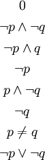 \begin{matrix} 0 \\[4pt] \lnot p \land \lnot q \\[4pt] \lnot p \land q \\[4pt] \lnot p \\[4pt] p \land \lnot q \\[4pt] \lnot q \\[4pt] p \ne q \\[4pt] \lnot p \lor \lnot q \end{matrix}