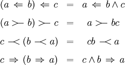 \begin{matrix} (a \,\Leftarrow\, b) \,\Leftarrow\, c & = & a \,\Leftarrow\, b \land c \\[8pt] (a >\!\!\!-~ b) >\!\!\!-~ c & = & a >\!\!\!-~ bc \\[8pt] c ~-\!\!\!< (b ~-\!\!\!< a) & = & cb ~-\!\!\!< a \\[8pt] c \,\Rightarrow\, (b \,\Rightarrow\, a) & = & c \land b \,\Rightarrow\, a \end{matrix}