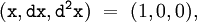 \begin{matrix}(\texttt{x}, \texttt{dx}, \texttt{d}^\texttt{2}\texttt{x}) ~=~ (1, 0, 0),\end{matrix}