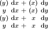 \begin{smallmatrix} (y) & \operatorname{d}x & + & (x) & \operatorname{d}y \\  y  & \operatorname{d}x & + & (x) & \operatorname{d}y \\ (y) & \operatorname{d}x & + &  x  & \operatorname{d}y \\  y  & \operatorname{d}x & + &  x  & \operatorname{d}y \\ \end{smallmatrix}