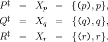 \begin{matrix}
P^\ddagger & = & X_p & = & \{ \texttt{(} p \texttt{)}, p \},
\\[4pt]
Q^\ddagger & = & X_q & = & \{ \texttt{(} q \texttt{)}, q \},
\\[4pt]
R^\ddagger & = & X_r & = & \{ \texttt{(} r \texttt{)}, r \}.
\end{matrix}
