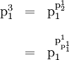 \begin{array}{lll} \text{p}_1^3 & = & \text{p}_1^{\text{p}_2^1} \\[12pt] & = & \text{p}_1^{\text{p}_{\text{p}_1^1}^1} \end{array}