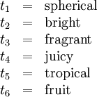 \begin{array}{lll}
t_1 & = & \operatorname{spherical}
\\
t_2 & = & \operatorname{bright}
\\
t_3 & = & \operatorname{fragrant}
\\
t_4 & = & \operatorname{juicy}
\\
t_5 & = & \operatorname{tropical}
\\
t_6 & = & \operatorname{fruit}
\end{array}