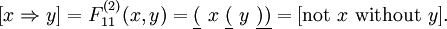 [x \Rightarrow y] = F_{11}^{(2)} (x, y) = \underline{(} ~x~ \underline{(} ~y~ \underline{))} = [\operatorname{not}~ x ~\operatorname{without}~ y].